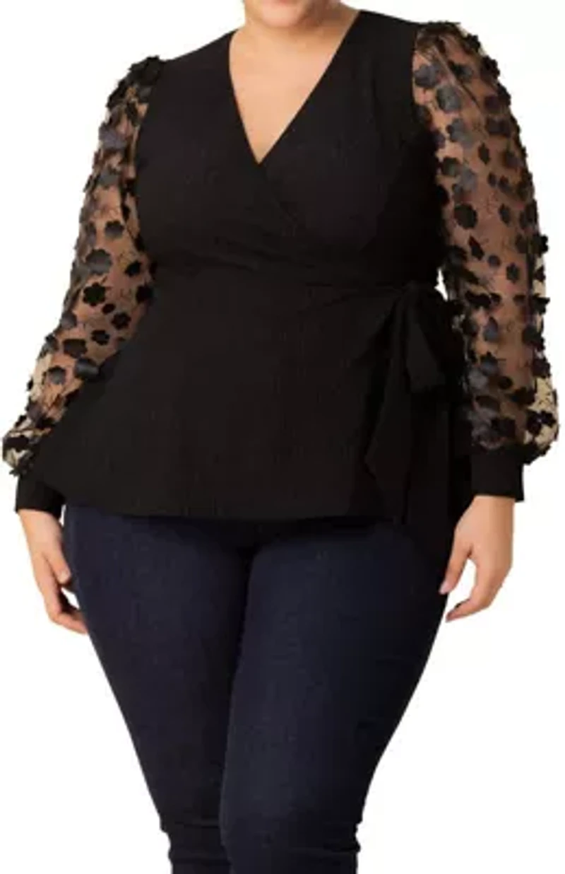 Women's Plus Scattered Petals Long Sleeve Wrap Top