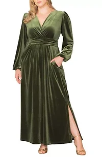 Women's Plus Vivienne Velvet Evening Gown with Pockets