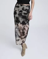 Printed Mesh Pull On Midi Skirt Side Ruched