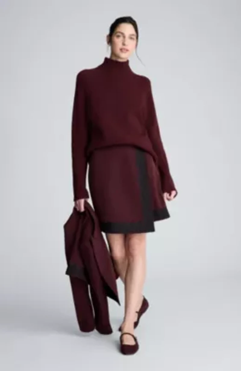 Luxe Twill Asymmetrical Faux Wrap With Lace Trim Zip Skirt