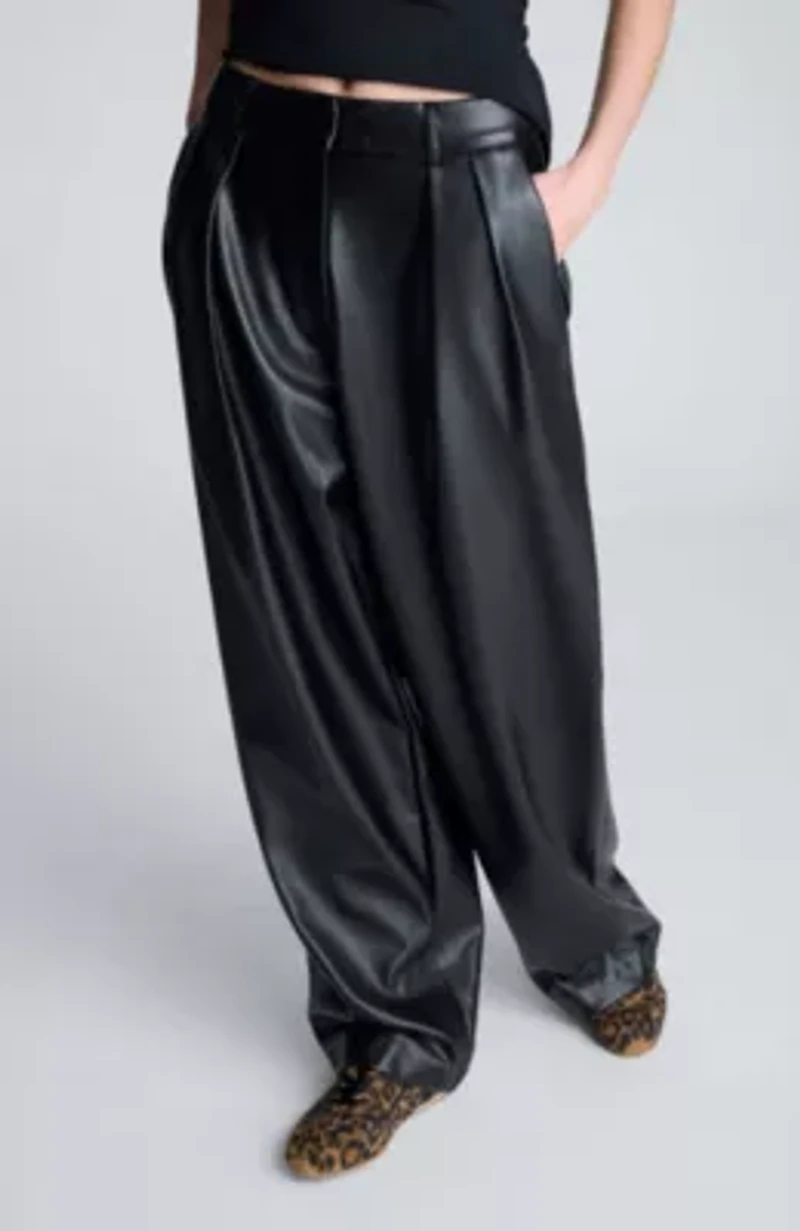 Vegan Leather High Rise Fly Front Wide Leg Double Pleated Pant