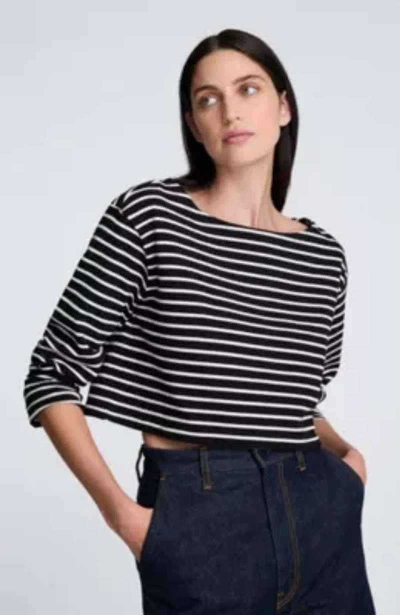 Long Sleeve Cotton Boat Neck Crop Stripe Pullover