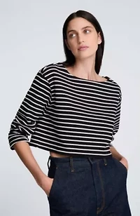 Long Sleeve Cotton Boat Neck Crop Stripe Pullover