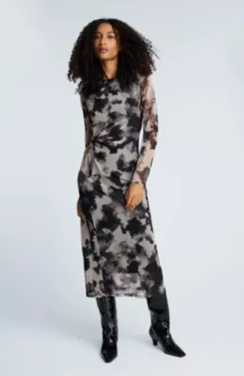 Printed Mesh Long Sleeve Knot Midi Dress
