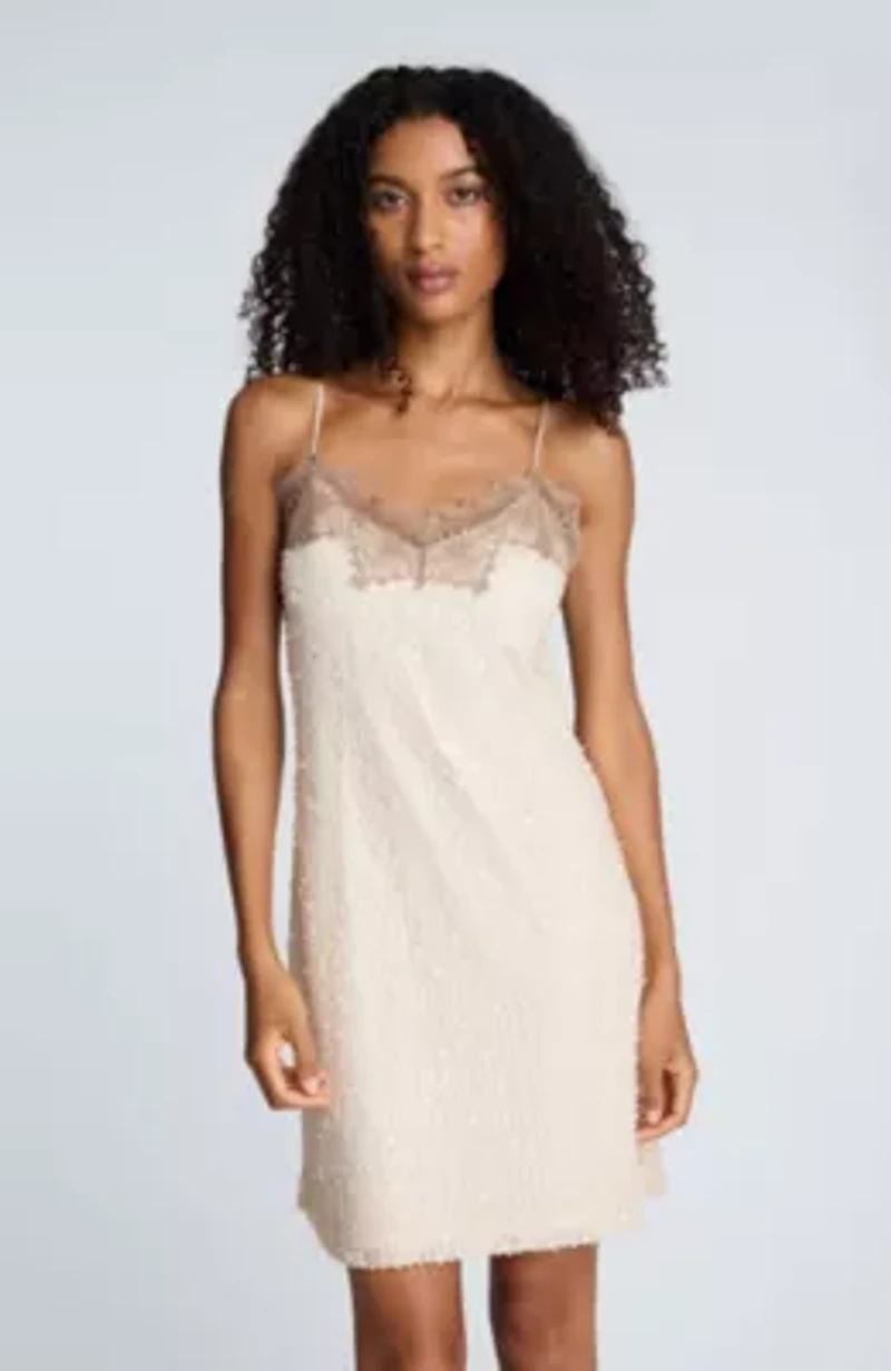 Sequin Netting Slip Dress With Lace Trim