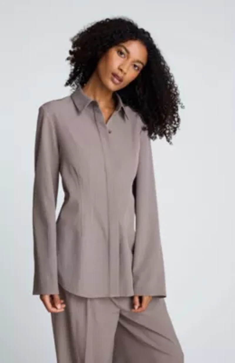 Stripe Cotton Poplin Button Front Crop Shirt With Adjustable Sleeve Trim