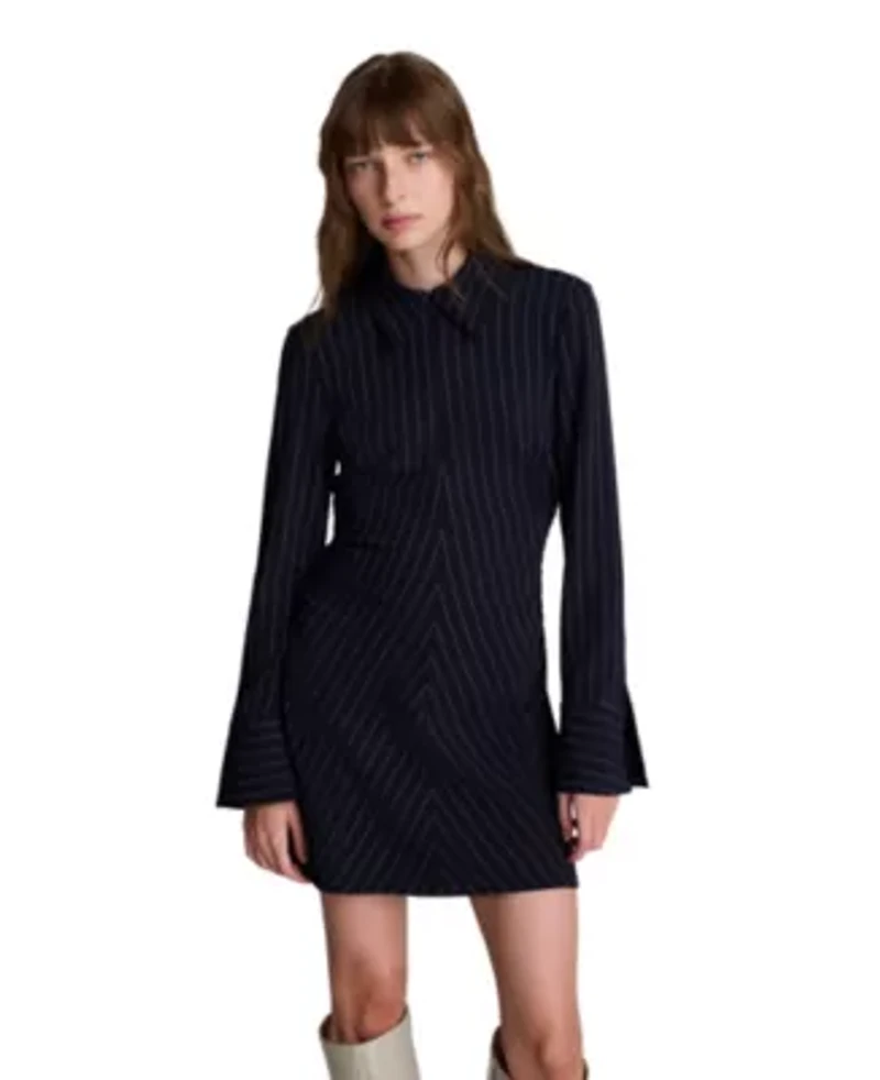 Shirred Pinstripe A-line Zip Front Shirt Dress