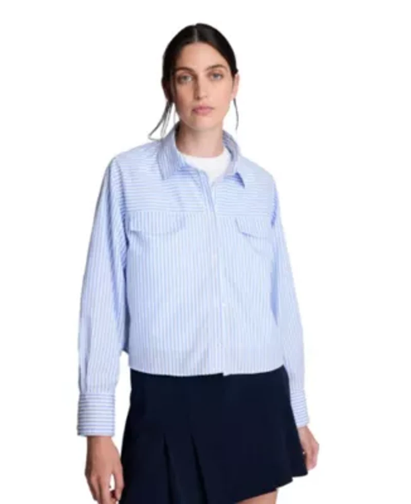Boxy Cropped Roll Sleeve Striped Poplin Shirt
