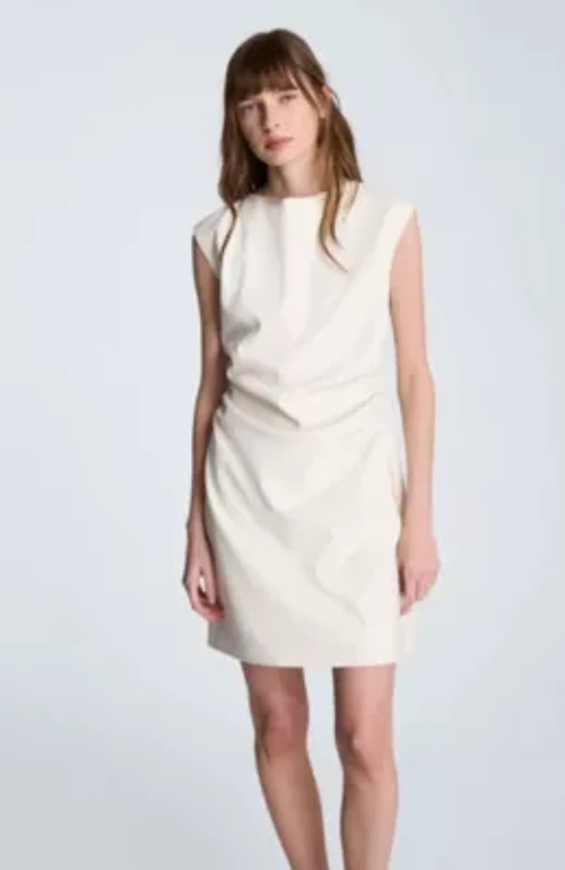 Vegan Leather Boatneck Ruched Waist Short Dress