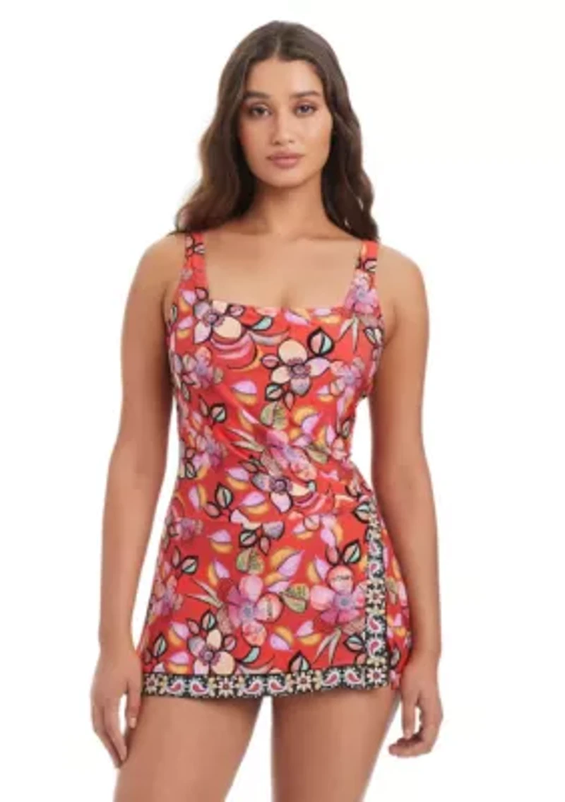 Square Neck Over-The-Shoulder Swim Dress