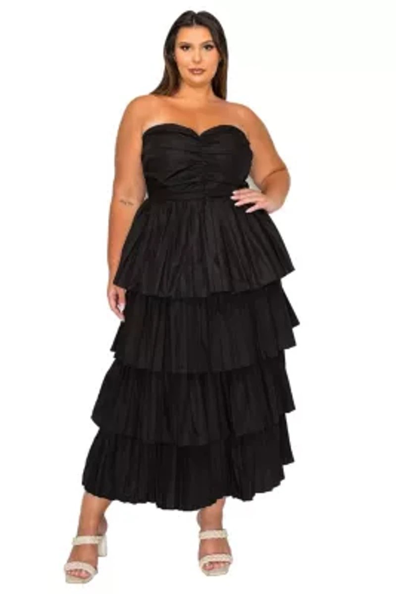 Plus Eleni Strapless Pleated Tiered Dress