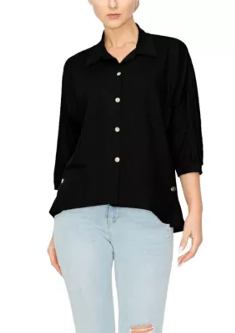 Chambray Jersey Panel Button Shirt 3Q Sleeve