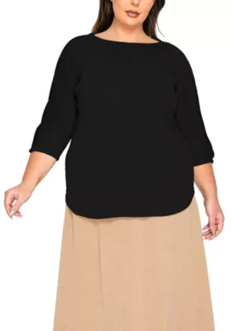 Textured Rib Button Shoulder 3Q Sleeve