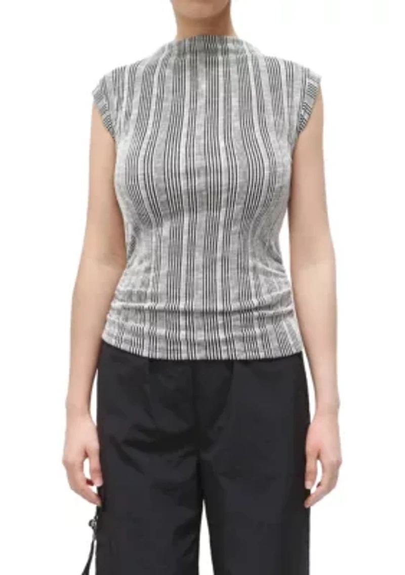 Variegated Textured Stripe Sleeveless Mock Neck