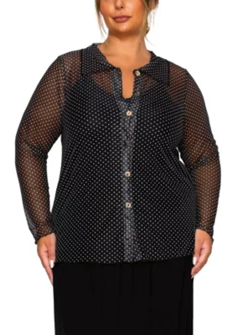 Dot Mesh Button Front Long Sleeve Shirt