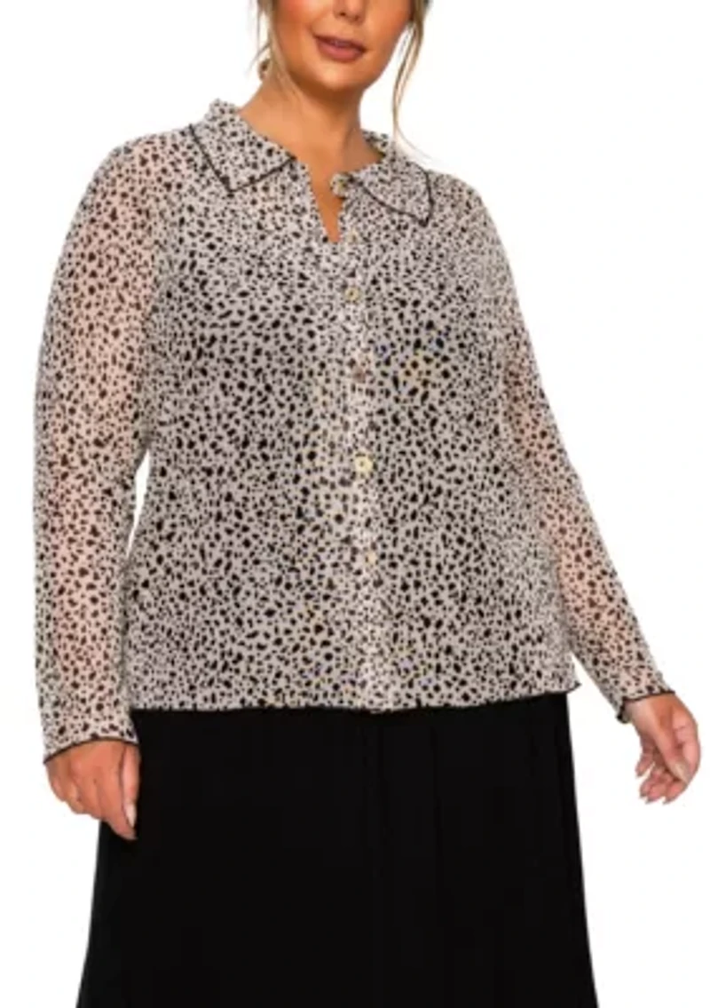 Pebble Mesh Button Front Long Sleeve Shirt