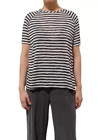 Lightweight Stripe Hacci Short Sleeve Button Back