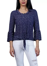 Stripe Bell Sleeve Tie Front V Neck