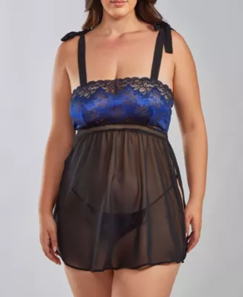 Indigo Plus Soft Lace and Mesh Babydoll Panty Set with Functional Shoulder Ties
