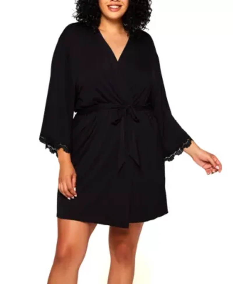 Joslyn Plus Swiss Dot Mesh V Patterned on a Soft Knit Robe with laced Trimmed Sleeves. Designed looped Self Tie Sash and inner Ties.