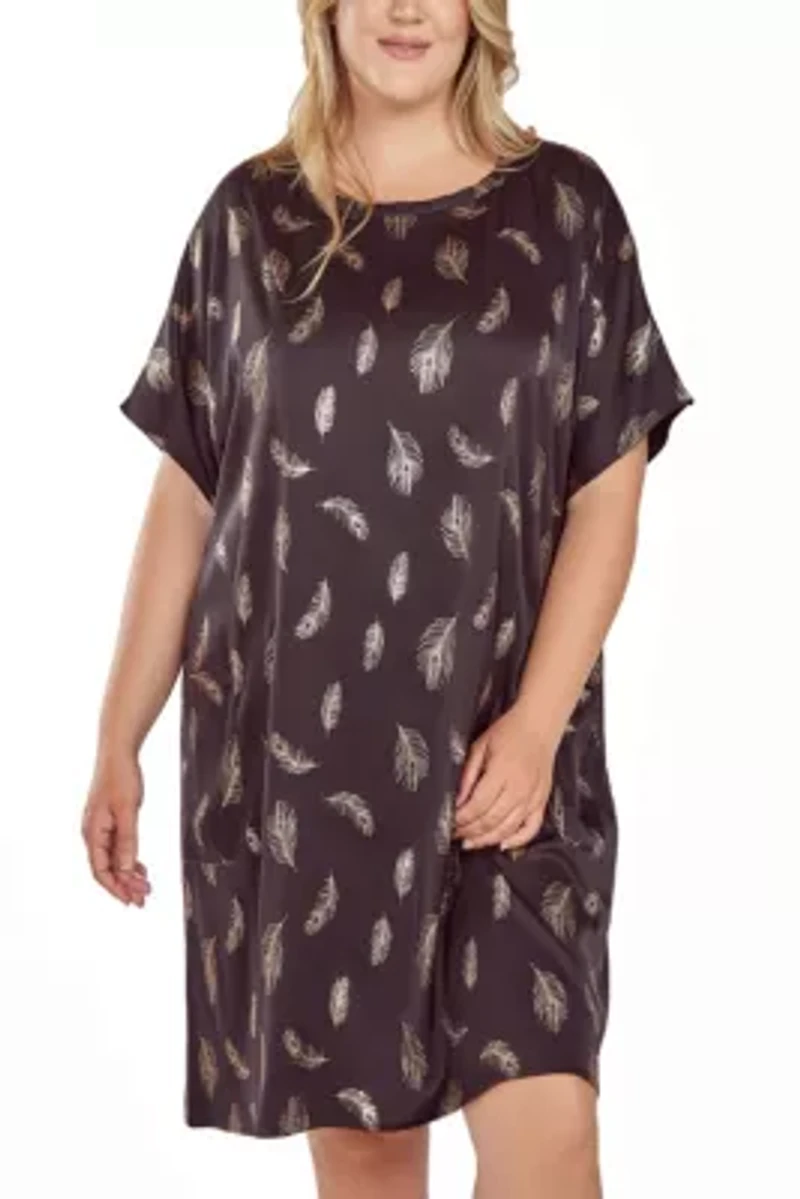 iCollections Plus Womans Silky Pocket Shift Sleepshirt Nightgownn Feather Print