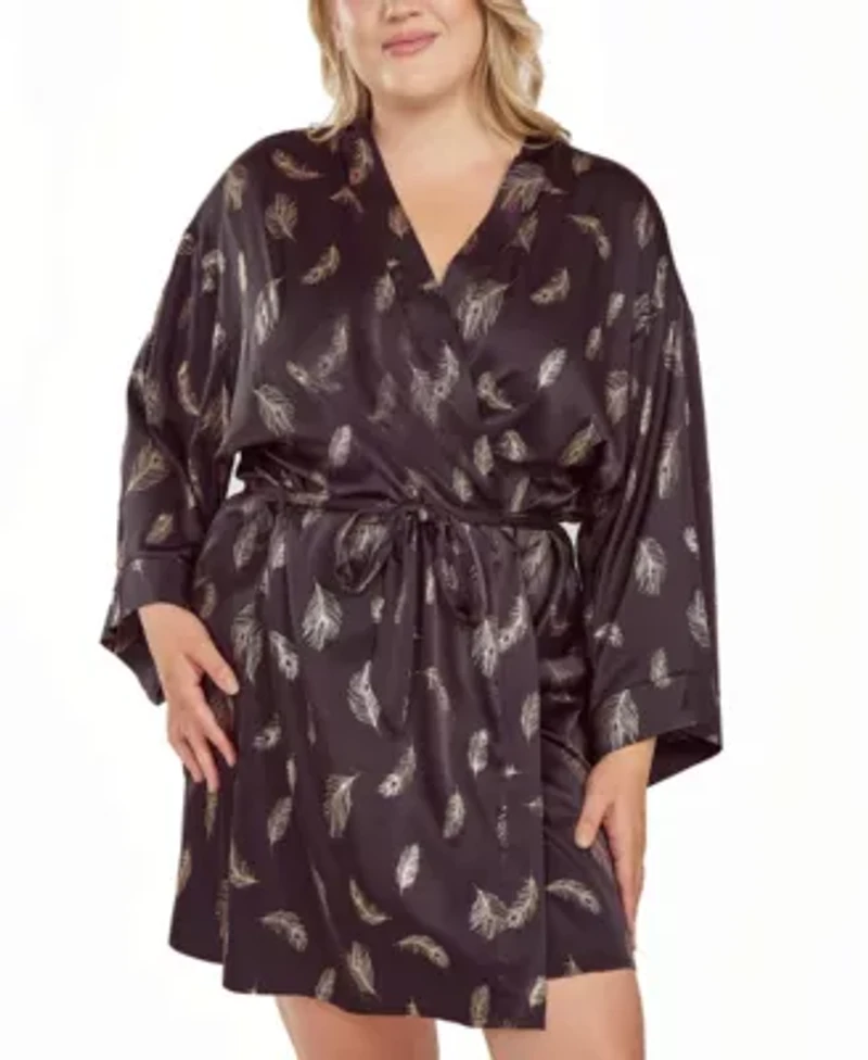 iCollections Plus Womans Silky Self Tie Robe Feather Print