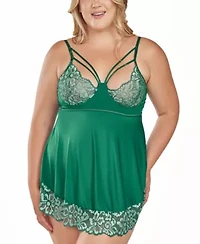Plus Cross Dye Strappy Lace Cup Babydoll Lingerie Set