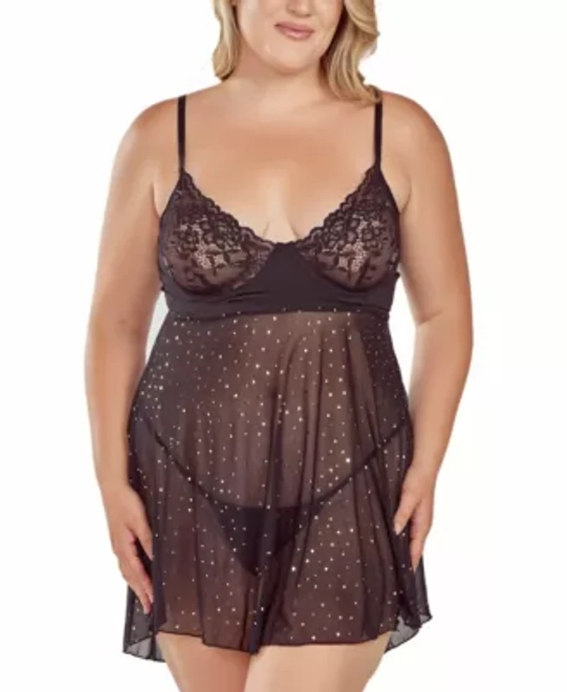 Plus Women's 2PC Glitter and Lace underwire Cup Babydoll Panty Lingerie Set