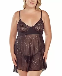 Plus Women's 2PC Glitter and Lace underwire Cup Babydoll Panty Lingerie Set