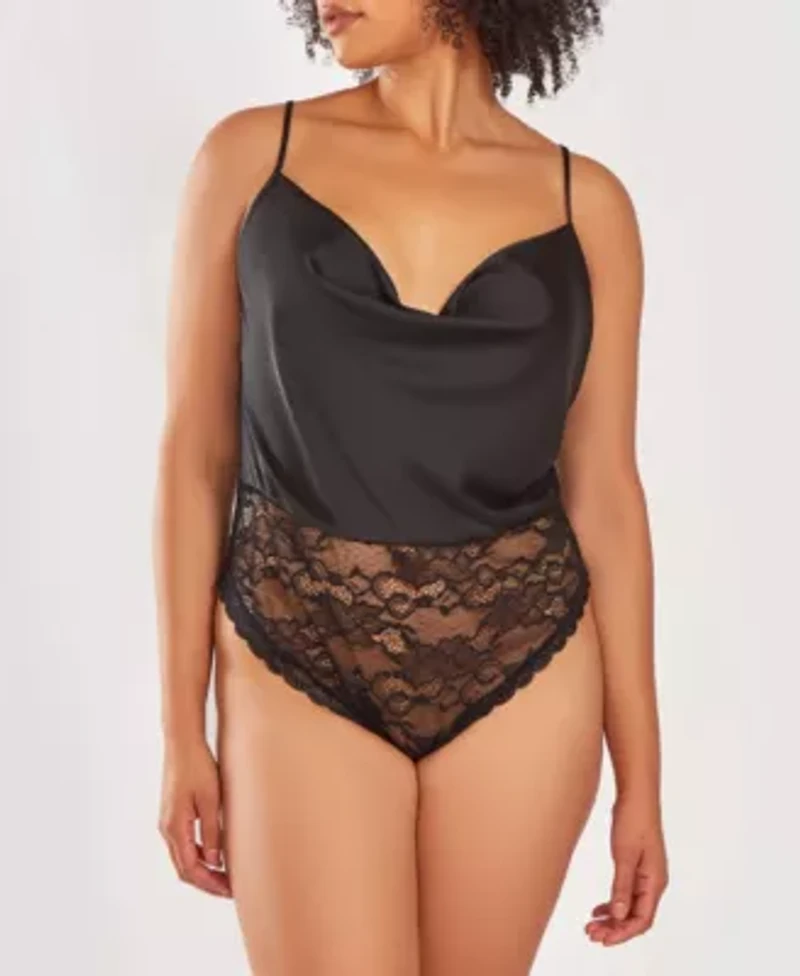 Women's Plus 1PC Lace and Satin Cowl Neck Lingerie Bodysuit