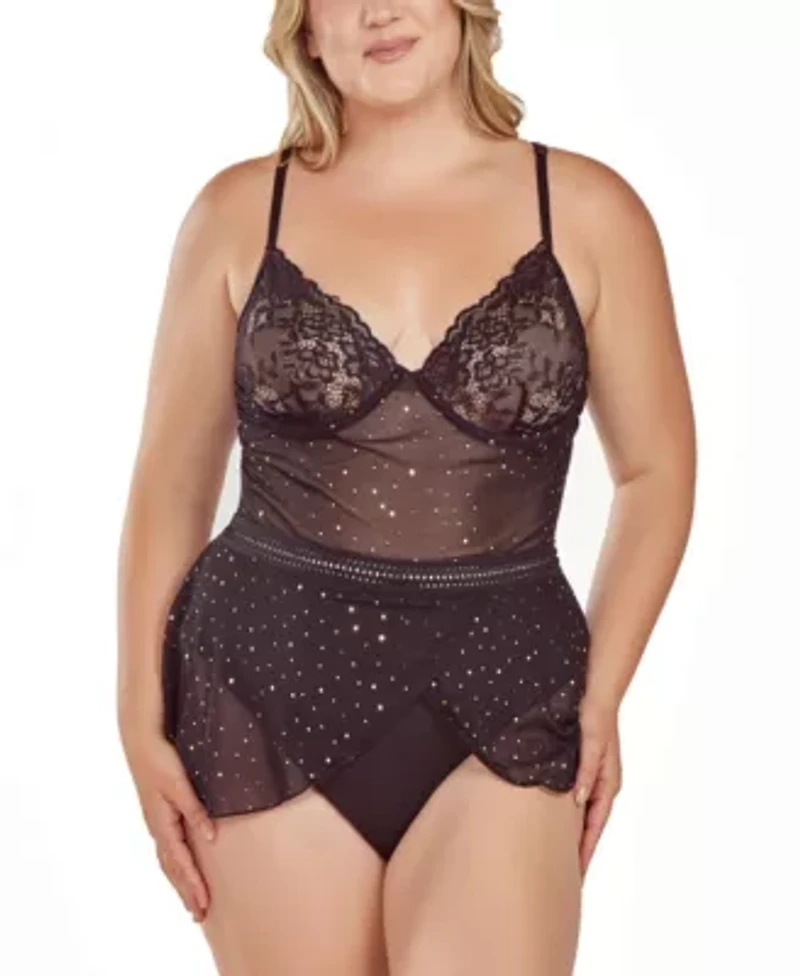 Plus Women's 1PC Underwire Glitter and Lace Bodysuit Lingerie