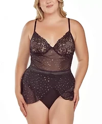 Plus Women's 1PC Underwire Glitter and Lace Bodysuit Lingerie