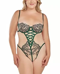 iCollection Plus Womans 1PC Green Embroidered Mesh Underwire Lingerie Bodysuit