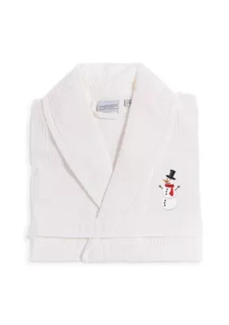 Unisex Waffle Weave Bathrobe Embroidered with Snowman Design