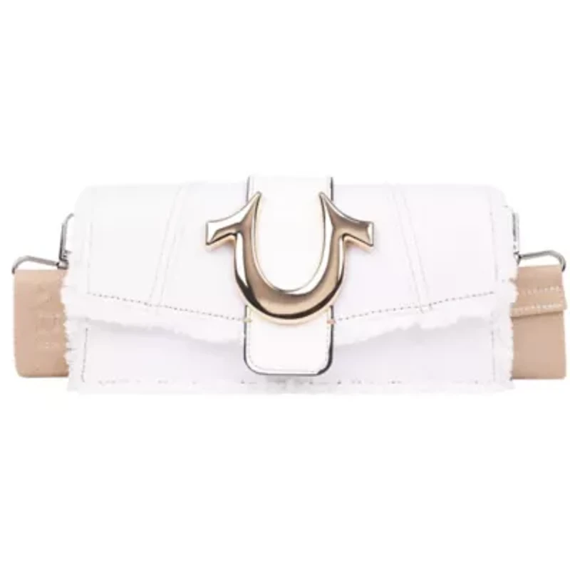 True Religion Frayed Denim Flap Bag with Logo Strap