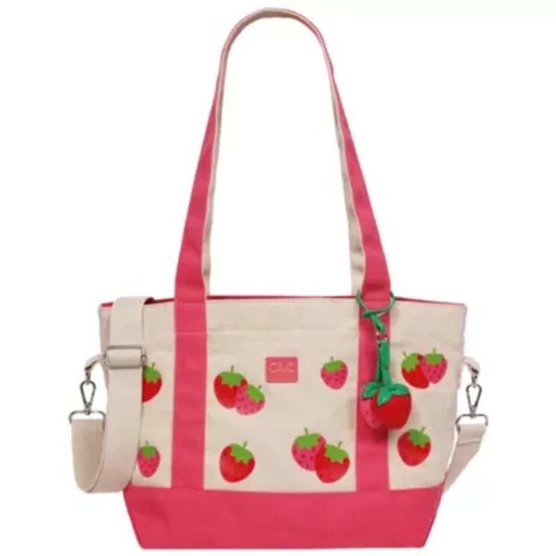 C & C California Strawberry Print Cotton Canvas Tote with Removable Crossbody Strap
