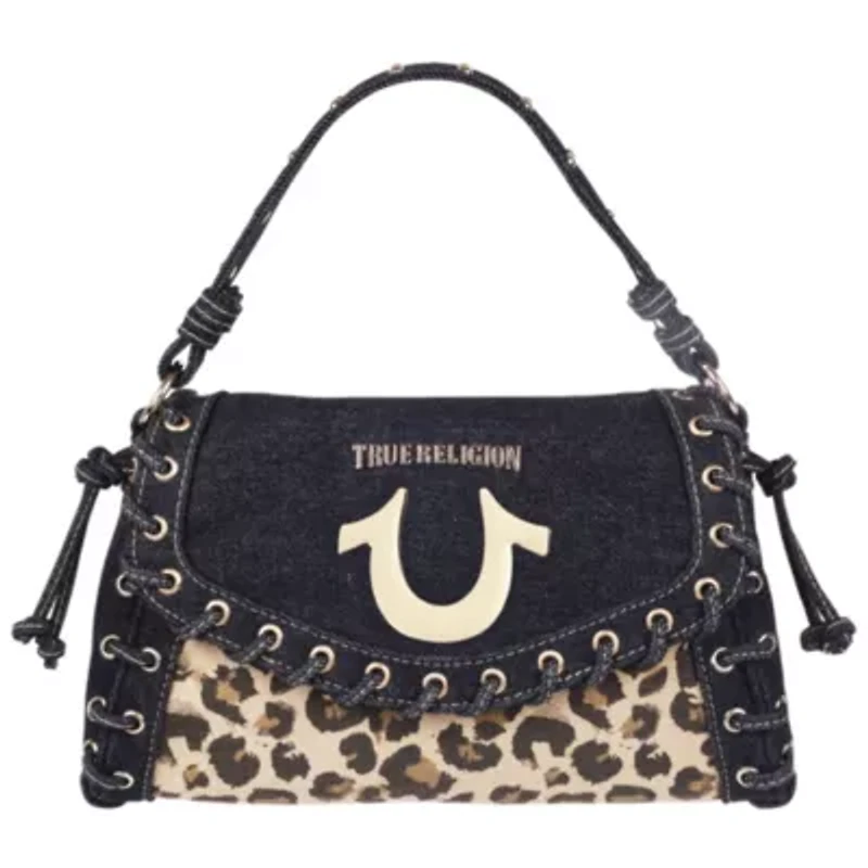 True Religion Denim Leopard Eyelet Trim Flap Bag
