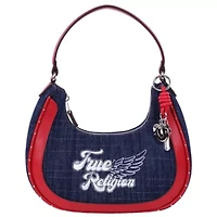 True Religion Wing Motif Denim Hobo Bag with Red Trim