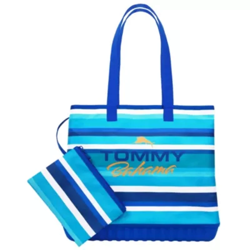 Tommy Bahama Water-Repellent Tote with Pouch – Ocean Stripe Print