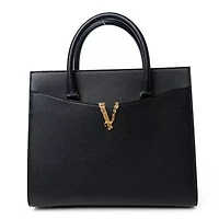 Versace Grained Calfskin Large Virtus Top Handle Shoulder Bag Black -FINAL SALE NO RETURNS