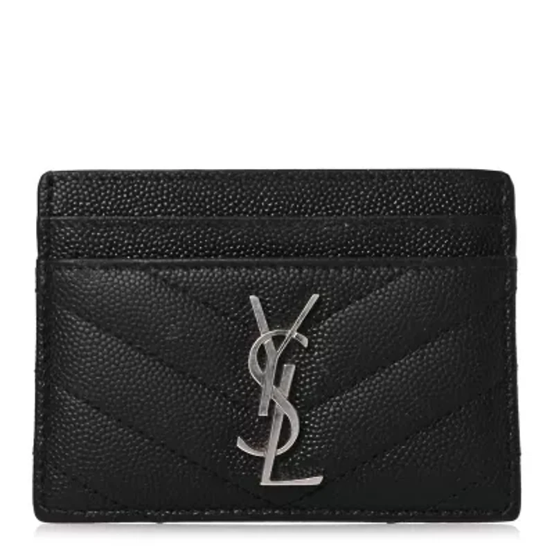 Saint Laurent Grain De Poudre Matelasse Chevron Monogram Credit Card Case Black -FINAL SALE NO RETURNS