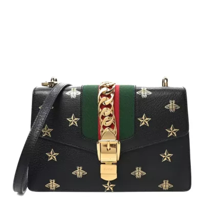 Gucci Textured Calfskin Bee Star Print Small Sylvie Shoulder Bag Black -FINAL SALE NO RETURNS