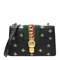 Gucci Textured Calfskin Bee Star Print Small Sylvie Shoulder Bag Black -FINAL SALE NO RETURNS