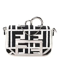 Fendi Canvas Vitello King FF Embroidered Nano Maxi Buckle Baguette Charm White Black -FINAL SALE NO RETURNS