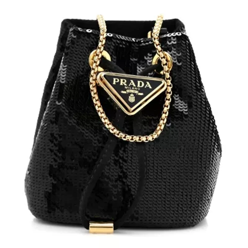 Prada Sequin Satin Triangle Logo Mini Pouch Black -FINAL SALE NO RETURNS