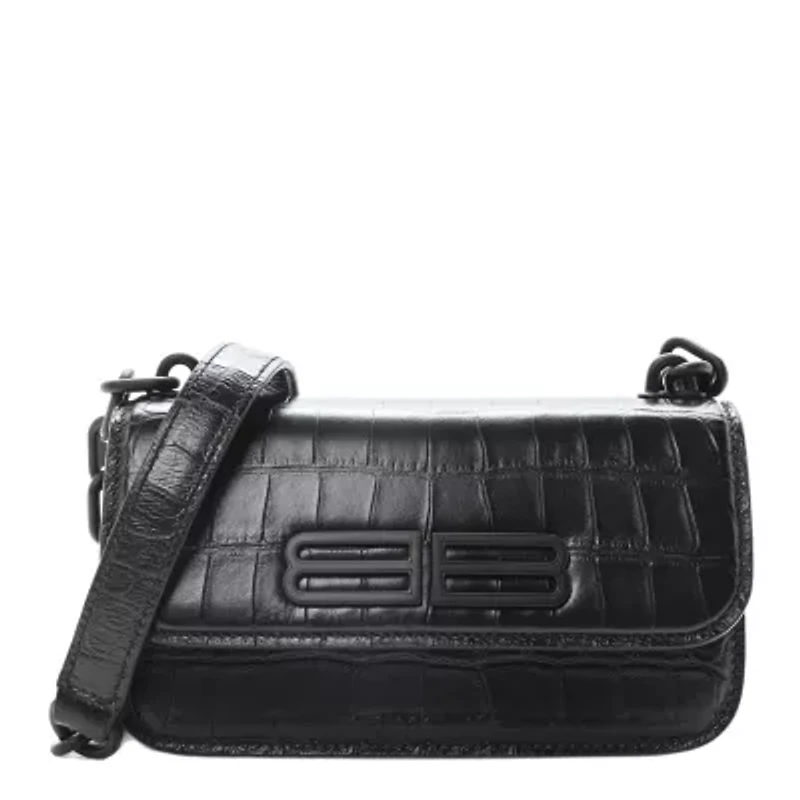 Balenciaga Shiny Super Supple Calfskin Crocodile Embossed Medium XX Flap Bag Black -FINAL SALE NO RETURNS