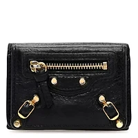 Balenciaga Agneau Arena Classic Gold Hardware Mini Wallet Black -FINAL SALE NO RETURNS
