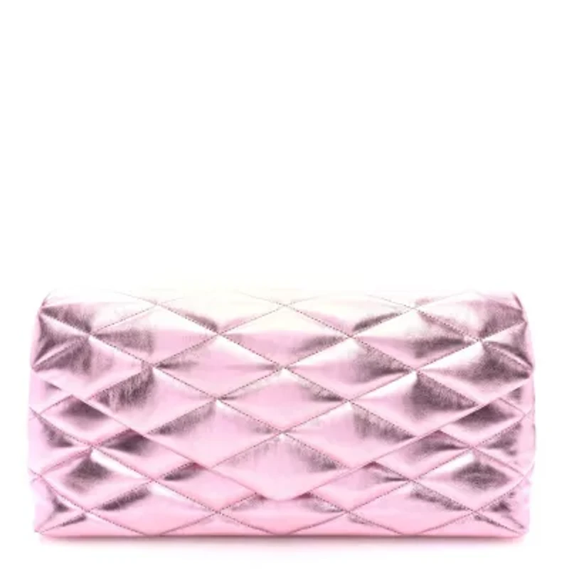 Saint Laurent Metallic Lambskin Quilted Sade Puffer Envelope New Azalea -FINAL SALE NO RETURNS