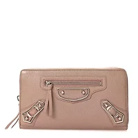 Balenciaga Chevre Gold Metallic Edge Hardware Continental Zip Around Wallet Rose De Sables -FINAL SALE NO RETURNS