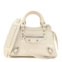 Balenciaga Semi Shiny Calfskin Crocodile Embossed Neo Classic Silver Hardware Mini City White -FINAL SALE NO RETURNS